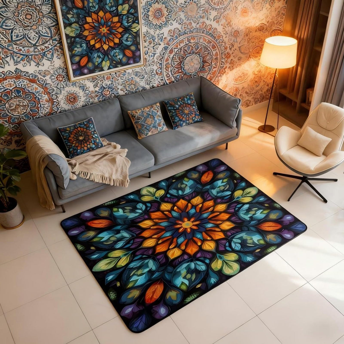 Vintage Mandala 3x5 Area Rug Bohemian Style Watercolor Flower Rugs for Living Room (Green Teal Orange / 3'3" x 4'11" (Rectangular))