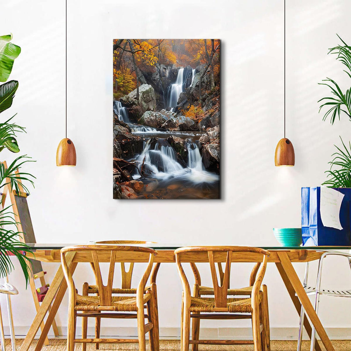 Autumn Orange Forest Wall Art Nature Waterfall Wall Decor for Bathroom National Park Poster Forest River Landscape Picture Mountain Trees Canvas Painting Artwork for Living Room Home Decoration 32x48" (48"L x 32"W / Fall Waterfall01)