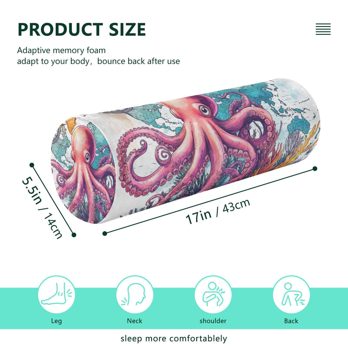 Octopus and Compass Neck Roll Pillow Bolster Round Health Memory Foam Long Cervical Cylinder Pillows with Removable Washable Cover for Body Bed Legs Back Yoga (Octopus and Compass)