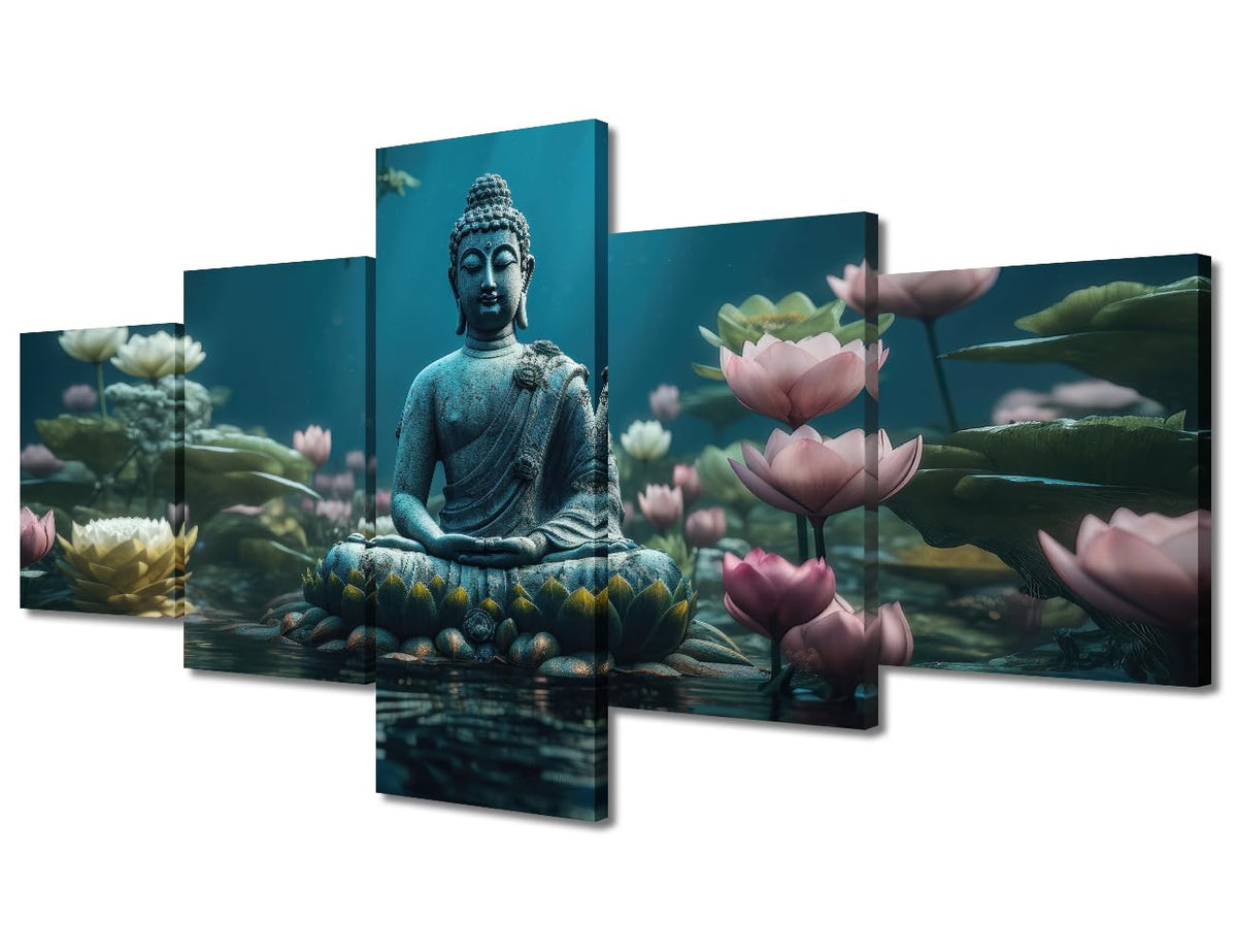 Buddha Canvas Wall Art Modern Home Canvas Poster Artwork Religious Painting Buddha Statue Lotuses in the Water Picture for Living Room Wall Decor 5 Panel Stretched and Frame Ready to Hang 50x24 in (50x24 in / 5PANEL-07)