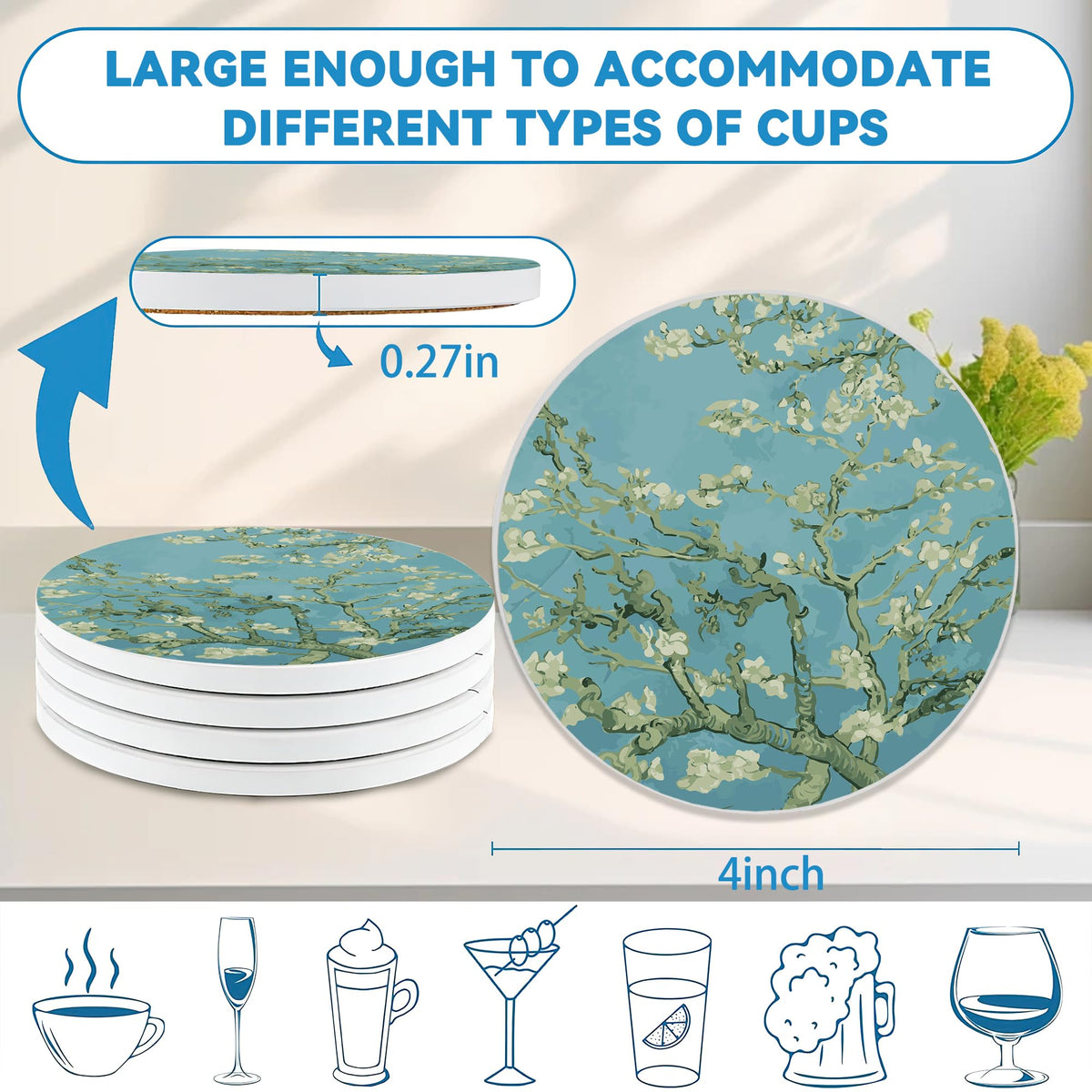 Drinks Coasters Set of 4 (Van Gogh Almond Blossoms)