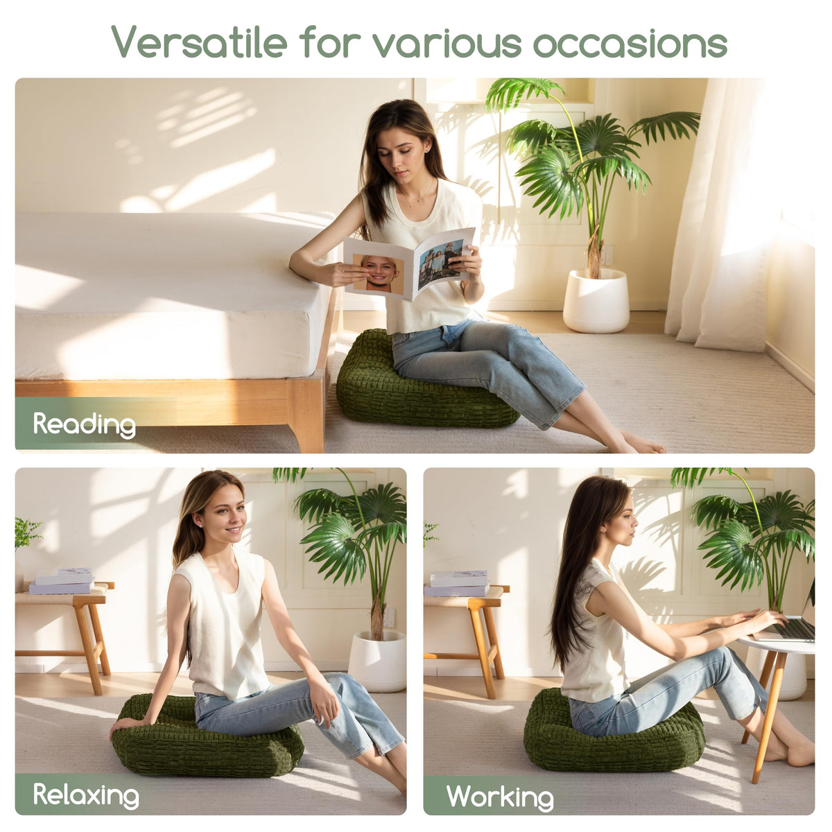 Floor Pillow Cushion for Adults (Square Dark Green / 4" Thick(Pack of 2))