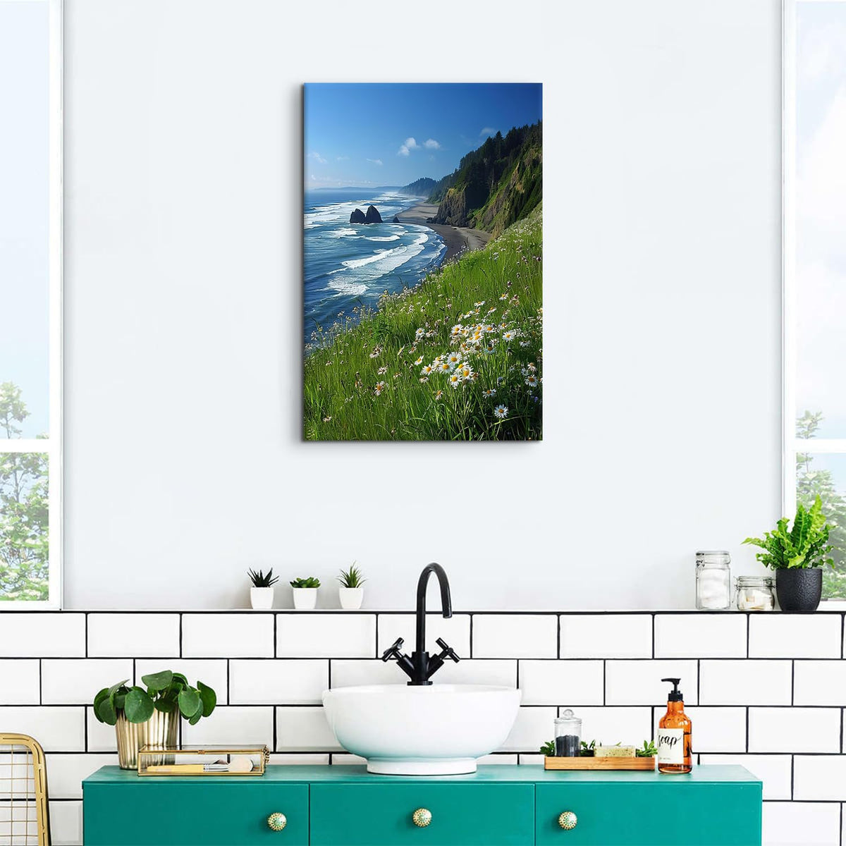 Beach Wall Art Coastal Wall Decor Daisy Flowers Pictures Mountain Cliffs Canvas Prints Blue Ocean Wave Scenery Poster Nature Seascape Painting Artwork for Bedroom Living Room Home Decoration 16x24" (24"L x 16"W / Seaside Cliffs)