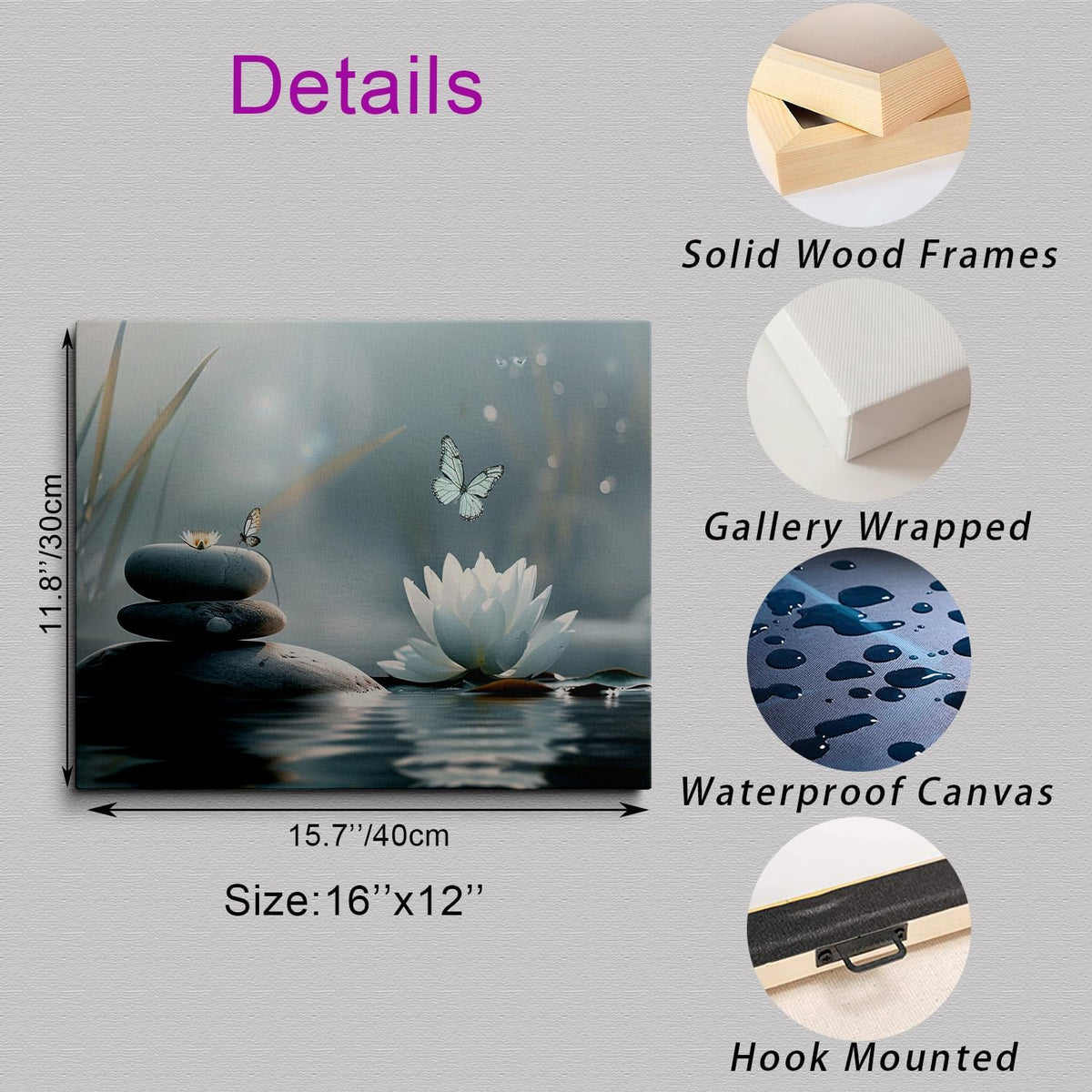 Zen Lotus Canvas Wall Art Framed Style Butterfly Bathroom Decor 12x16 Inch (Zen Lotus 04 / 16"L x 12"W)