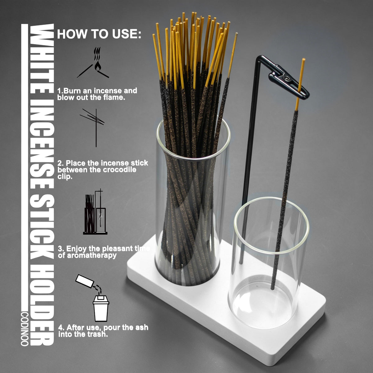 2 in 1 Incense Holder for Sticks Incense Burner Holder with Storage (White / 1 tall 1 short glass)