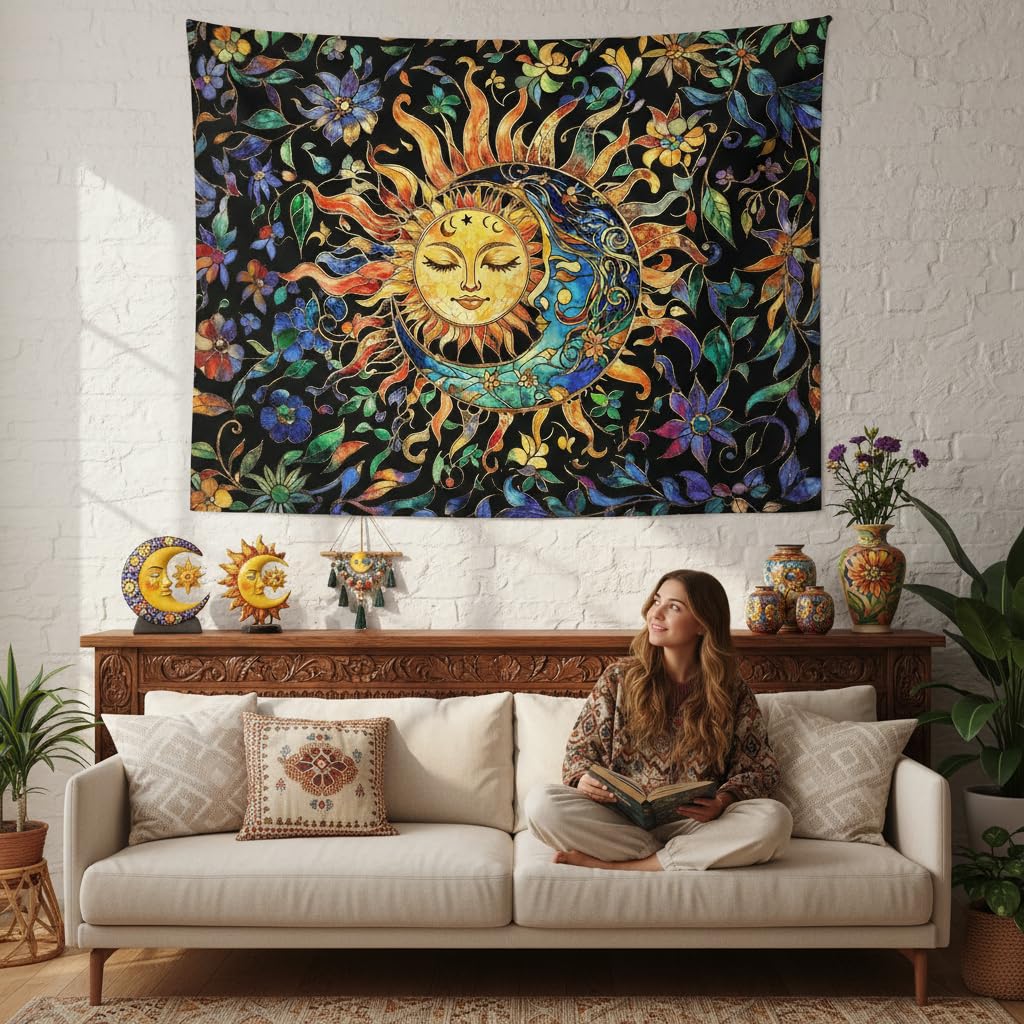 Sun and Moon Tapestry for Bedroom Boho Hippie Floral Wall Tapestry Aesthetic Vintage Stained Glass Plant Small Tapestries Wall Hanging for Living Room Dorm 48 x 36 Inch (Stained Glass Orange / 48"L x 36"W)