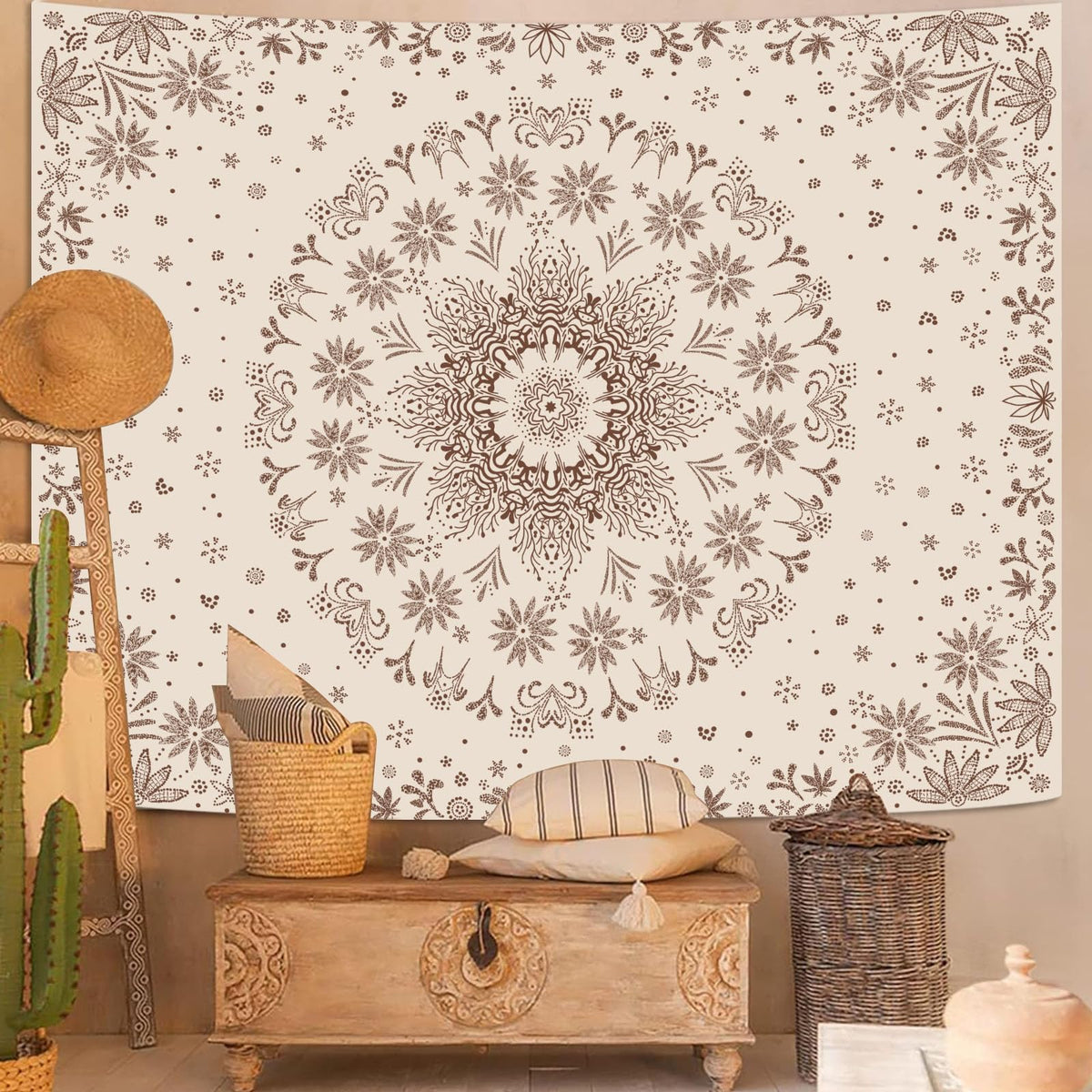 Boho Floral Mandala Tapestry Wall Hanging Bohemian Flower Medallion Tapestry Aesthetic Beige Brown Hippie Indian Small Tapestries for Bedroom Living Room Dorm Decor 40 x 30 Inch (Brown / 40"L x 30"W)