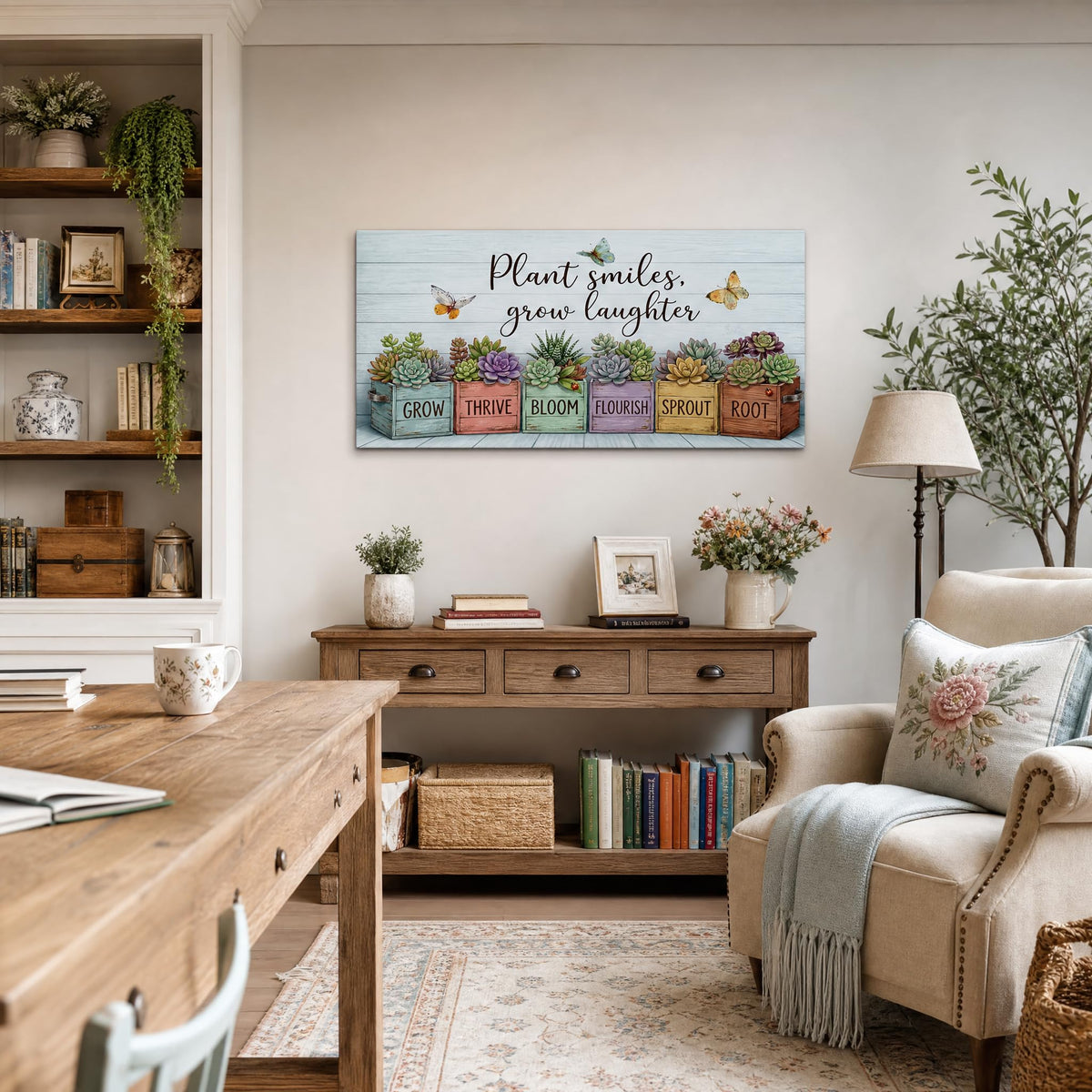 Rustic Succulent Canvas Wall Art Colorful Faux Wood Planter Box Painting Flat Print Gallery Wrapped Botanical Artwork for Living Room Bedroom Bathroom Decor (Bohemian / Yellow Succulent Garden 14 / 40"L x 20"W)