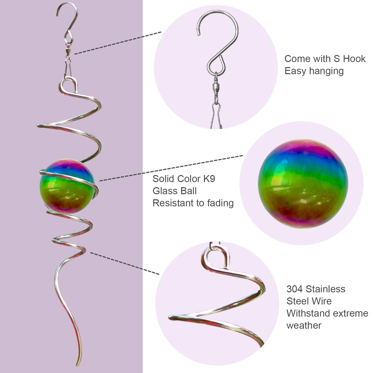 Gazing Ball Spiral Tail with Multi Color Stainless Steel Orb (Multi Stainless Steel Orb)