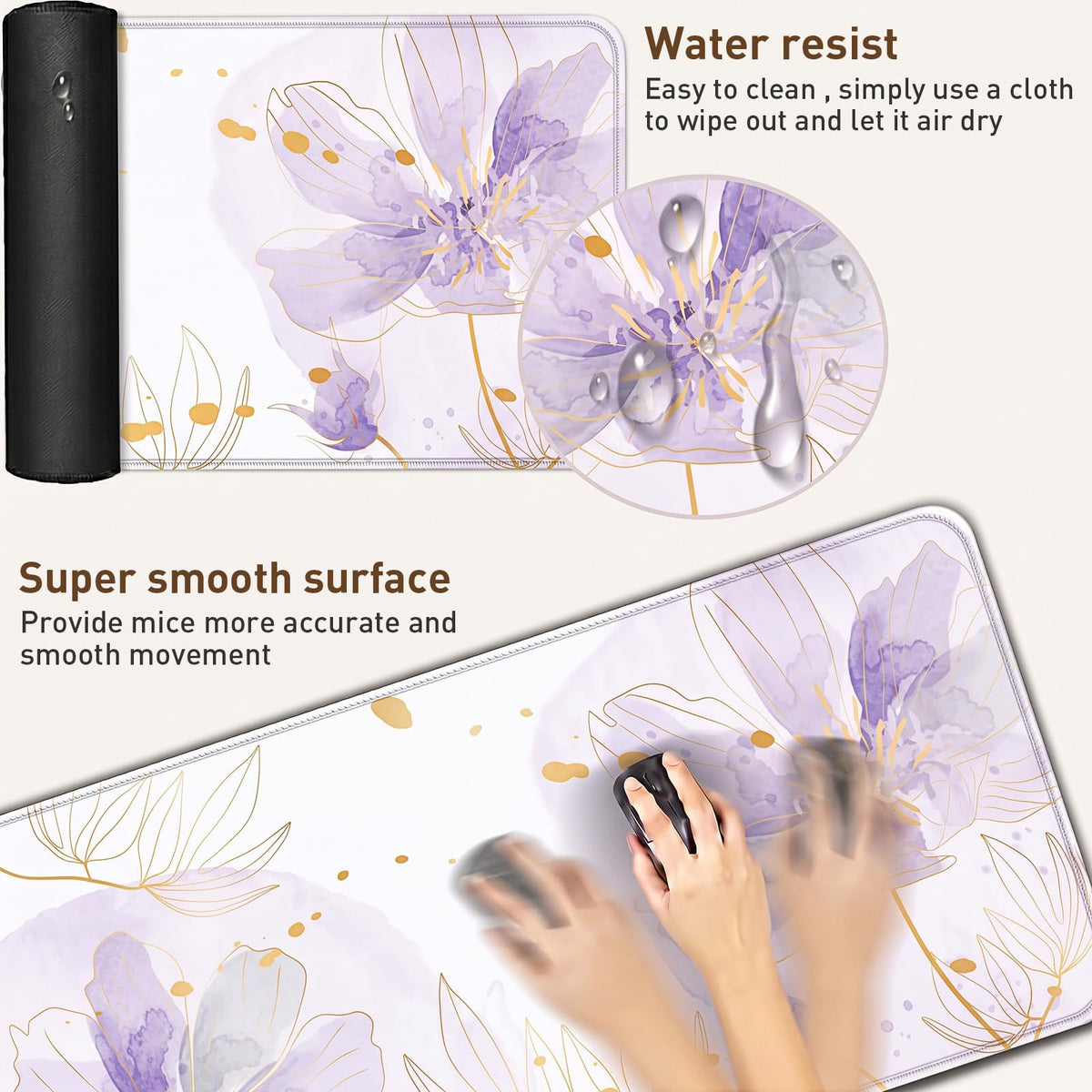 Purple Desk Mat (Purple Watercolor Floral / 35.4" x 15.7")