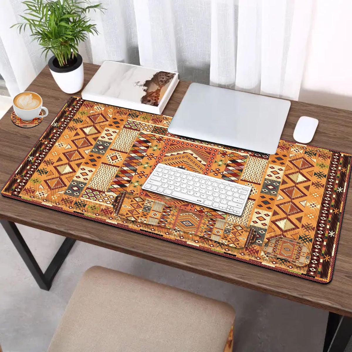 Desk Mat Set Large Mouse Pad + Mouse Wrist Rest + Keyboard Wrist Support + Coaster (Bohemian Orange)