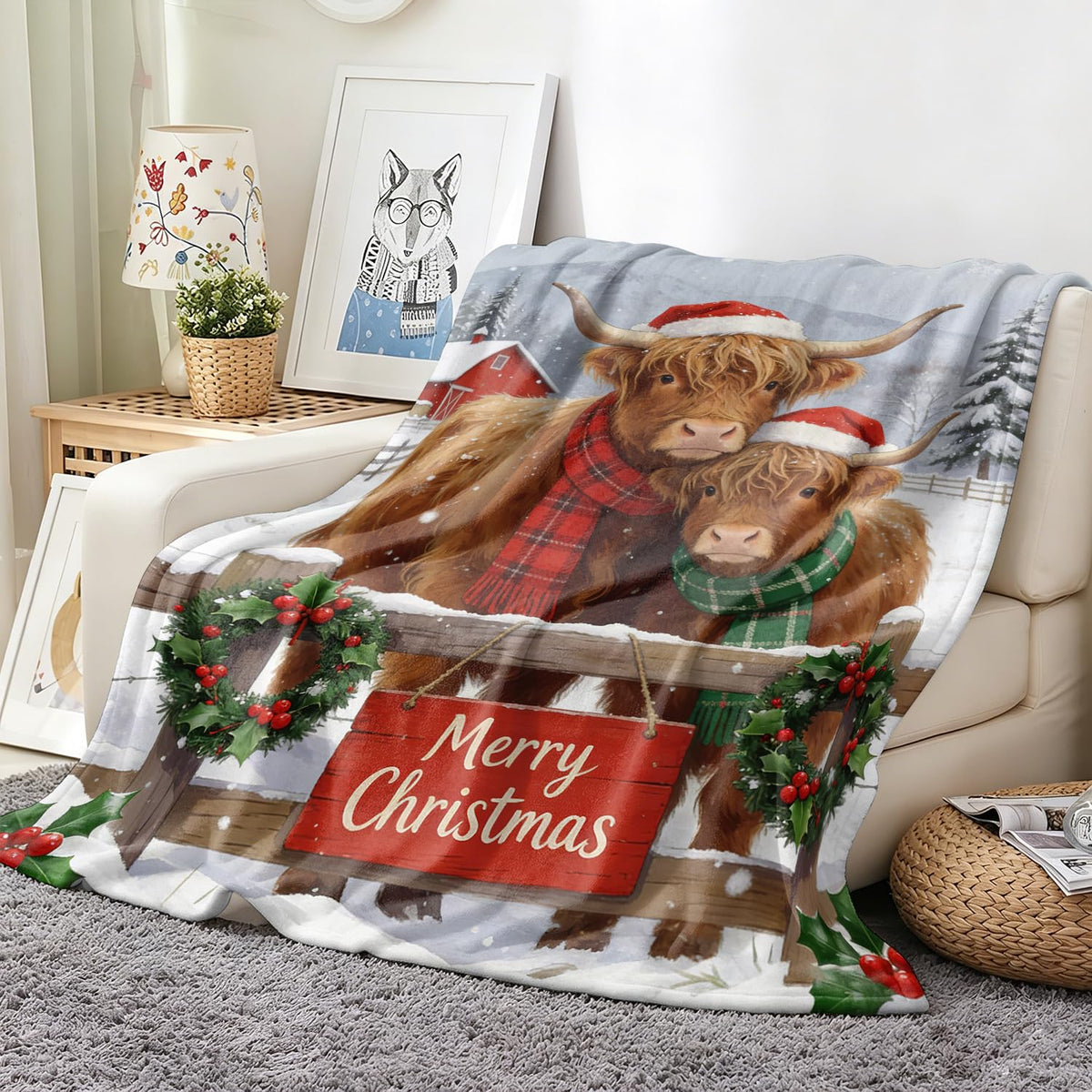 Highland Cow Throw Blanket Merry Christmas Cows Cozy Plush Flannel 40"X50" (Highland Cow / 40"X50")