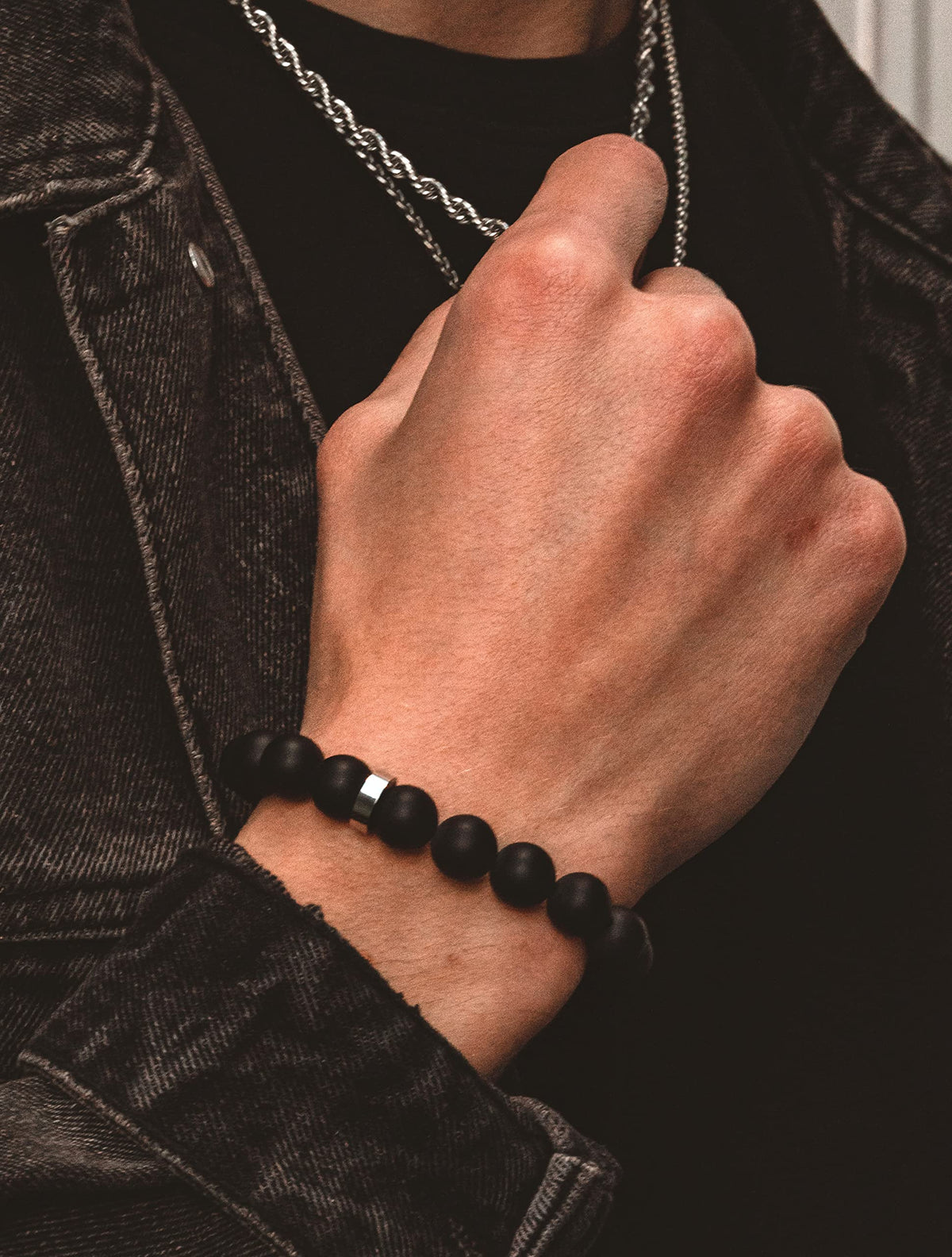 Andalus Men's Matte Black Solid Onyx Beaded Bracelet (10mm Silver / Large)