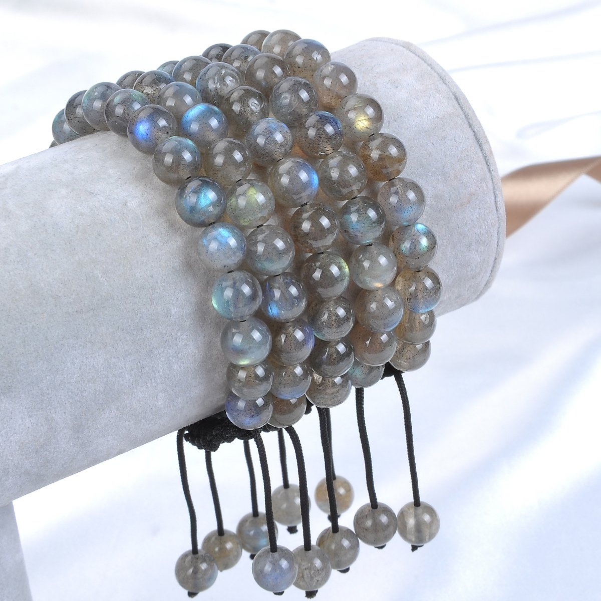 Natural Healing Power Gemstone Crystal Beads Unisex Adjustable Macrame Bracelets (Labradorite / 6mm)