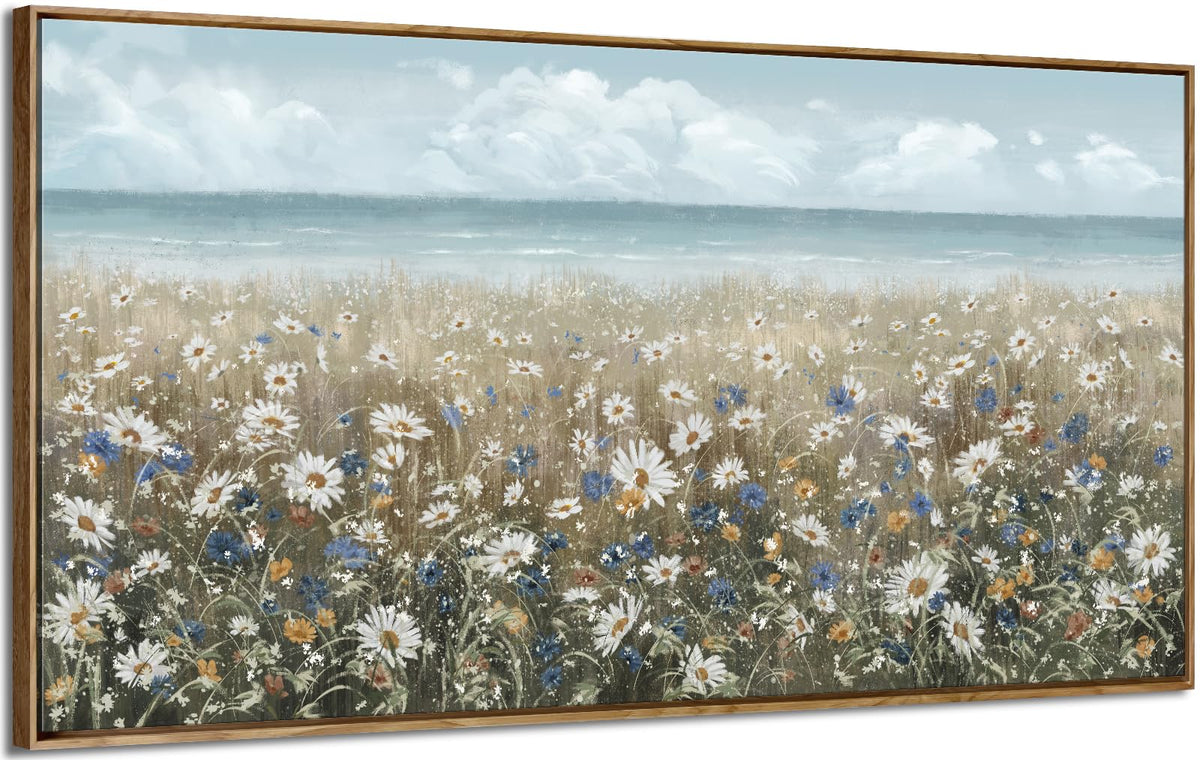 Large Wall Art for Living Room Framed Boho Beach Coastal Floral Ocean Wall Picture Farmhouse Daisy Flower Sea Canvas Print Nautical Neutral Vintage Warm Artwork Home Bedroom Office Decor 48x24 (Coastal Flower Sea Art / 48"L x 24"W)