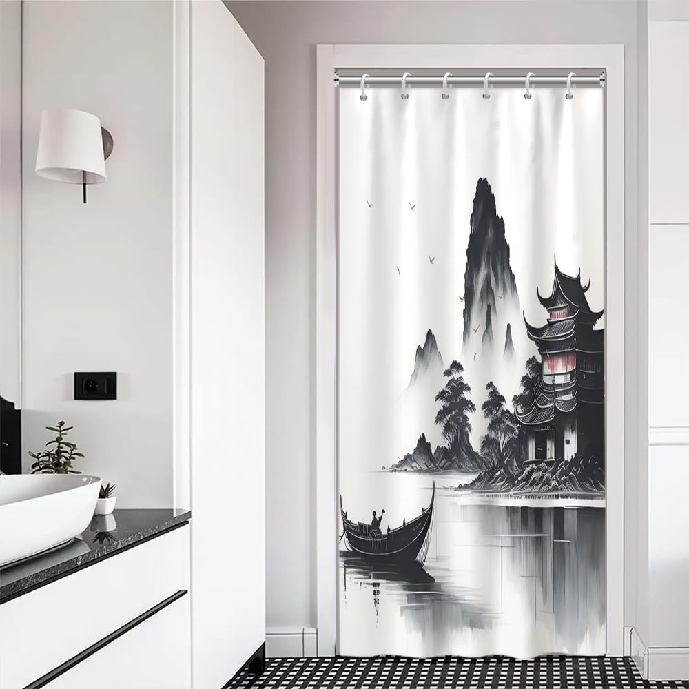 Traditional Japanese Painting Shower Curtain Ink Painting Asian Oriental Abstract Art Shower Curtain Foggy Mountain Boat Wild Goose Outdoor Natural Scenery Bathroom Curtains 48x72 Inch (48"W x 72"L (Pack of 1) / Black-71)