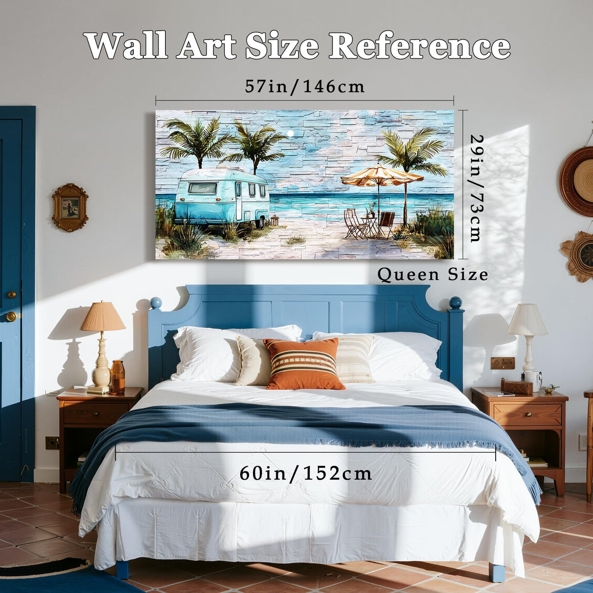 Blue Coastal Wall Art Extra Large Watercolor Print Beach Decor (Beach Journey / 57"L x 29"W)