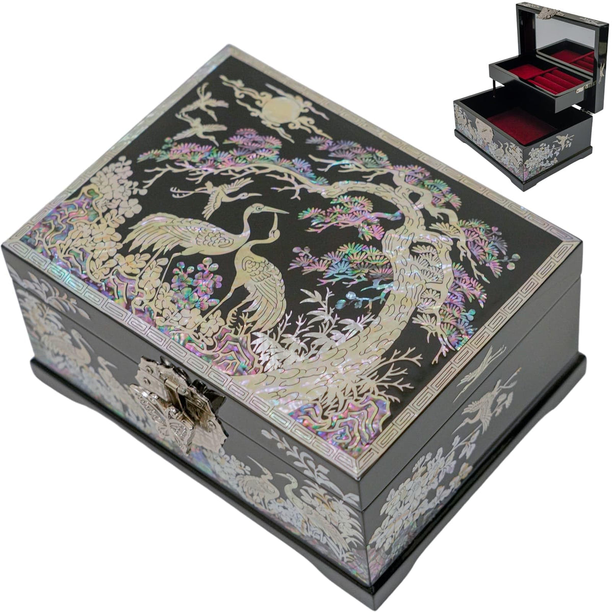 Mother-of-Pearl Crane Jewelry Box | Wooden Make | Two-Layer Velvet Interior | Mirror Lid | Lacquer Finish | Handmade Korean Art | Valentine’s & Mother’s Day Gift (Crane)