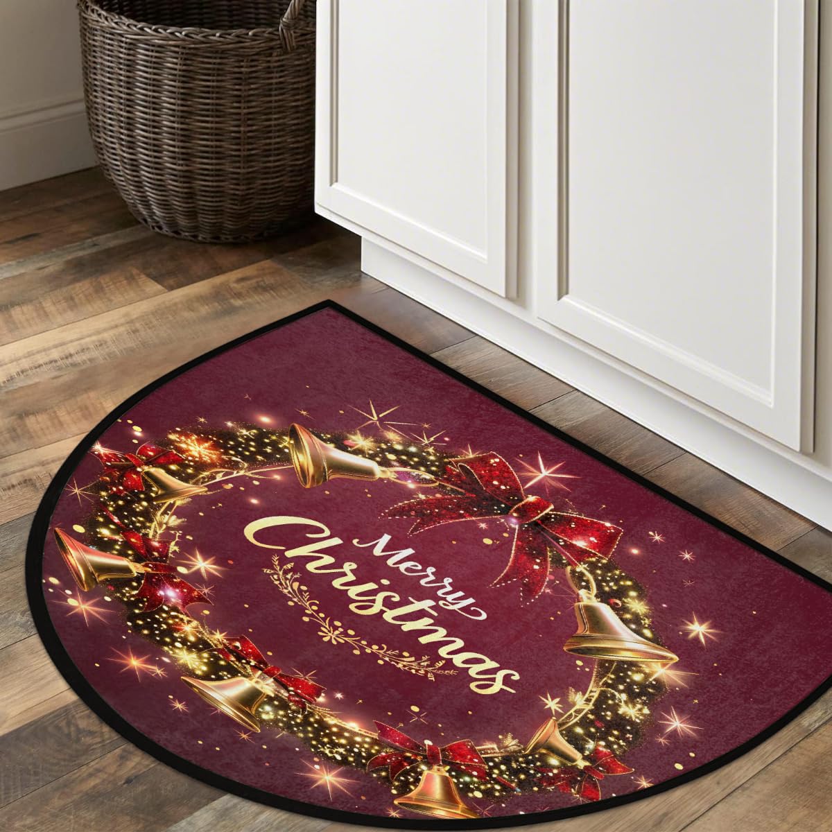 Half Round Doormat Christmas Xmas Red Bell Semi Circle Rug Non Slip Indoor Outdoor Entrance Half Moon Rug Washable Front Floor Mat for Kitchen Bathroom Patio Fireplace Holiday Decor A (Z:christmas 6)