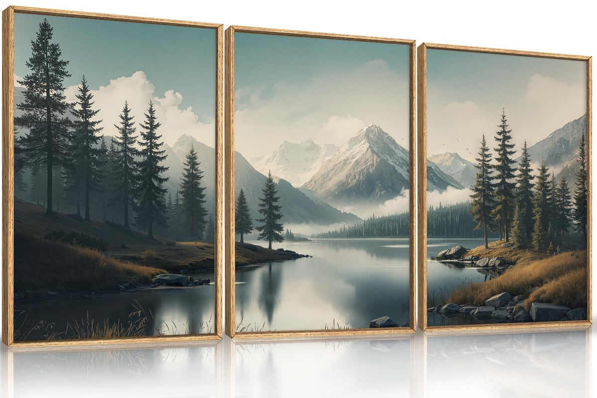 Large Mountain Misty Forest Framed Canvas Wall Art (Mountain Misty Lake Wall Art / 24"L x 16"W)