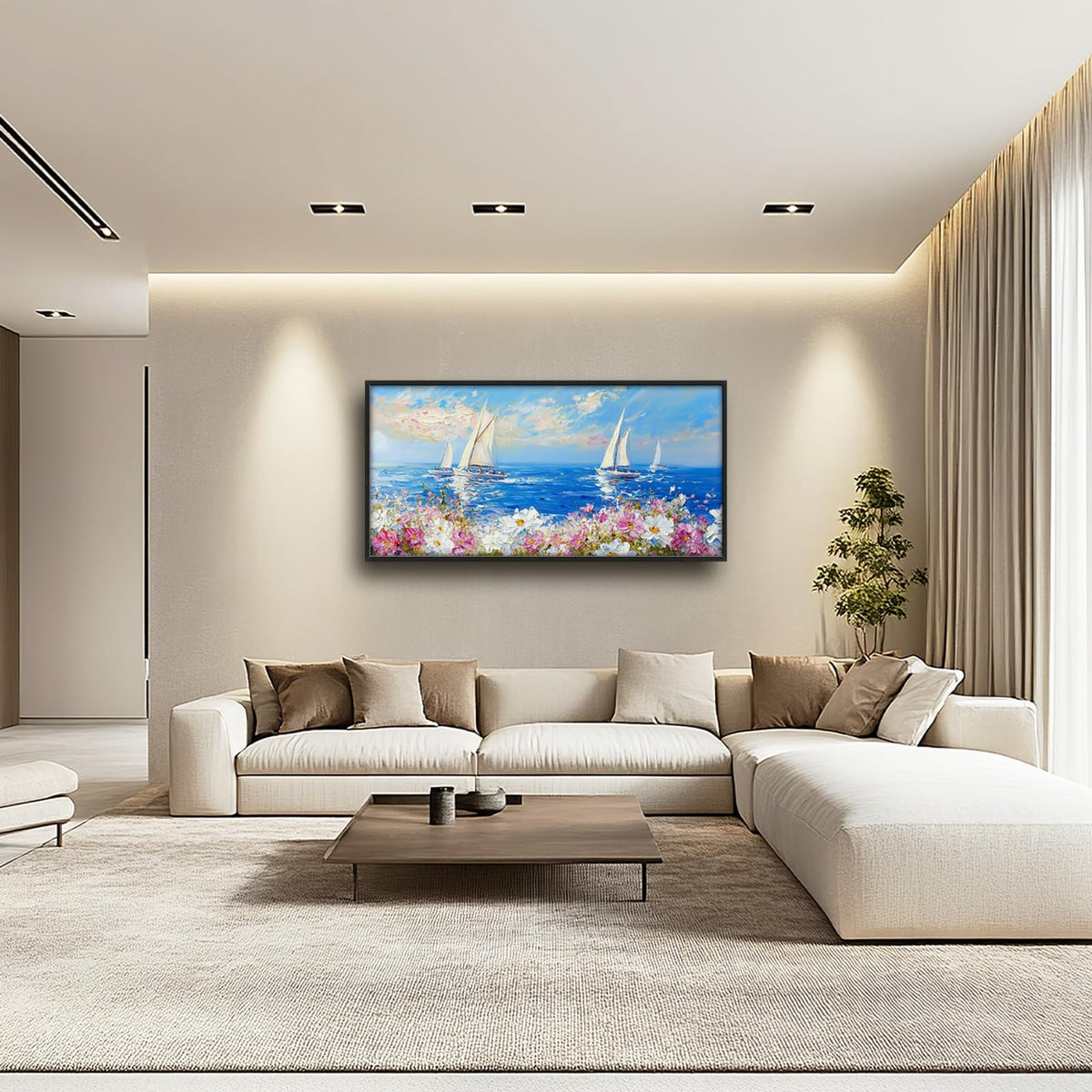 Coastal Sailboat Large Wall Art Ocean Seascape Framed Wall Decor Blossoms Canvas Pictures Nautical Painting for Living Room Dining Room Bedroom 30"x60" (Coastal Sailboat Floral / 60"L x 30"W)