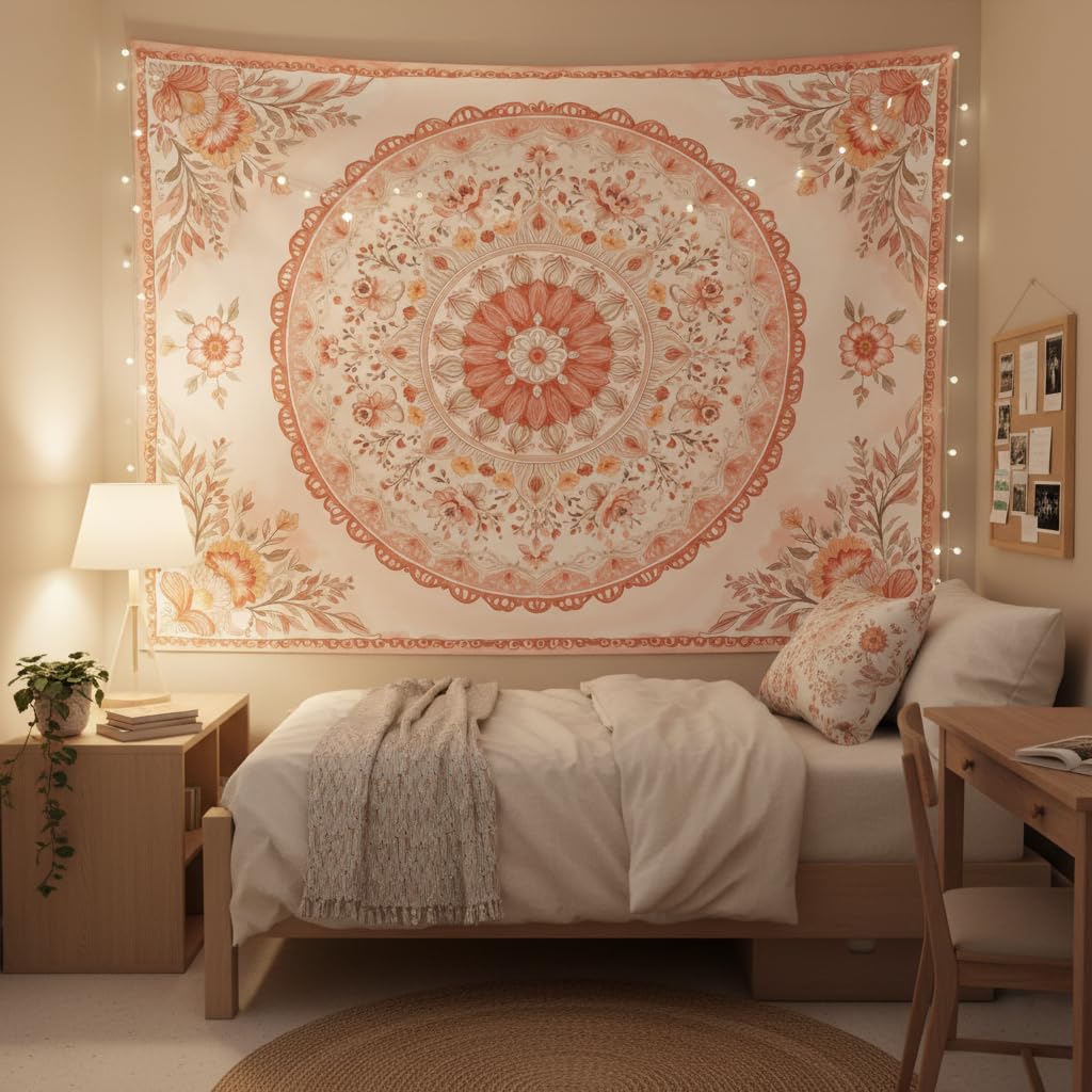 Pink Mandala Tapestry Wall Hanging Boho Floral Tapestry Aesthetic Watercolor Flower Medallion Cute Large Tapestries for Bedroom Living Room Dorm Decor 80 x 60 Inch (Bohemian / Peach Pink / 80"L x 60"W)