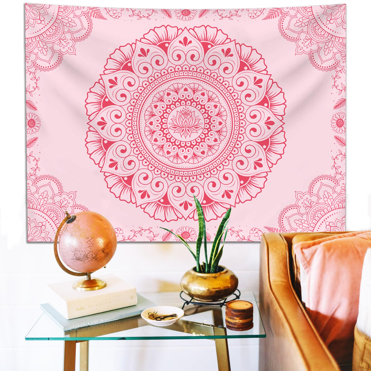Pink Boho Mandala Tapestry Wall Hanging for Bedroom 79"x 59" (Cherry Blossom Pink / 79"L x 59"W)