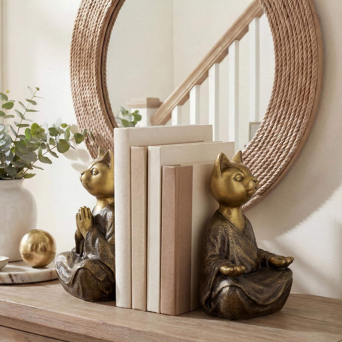 Meditating Cat Bookends (Gold)