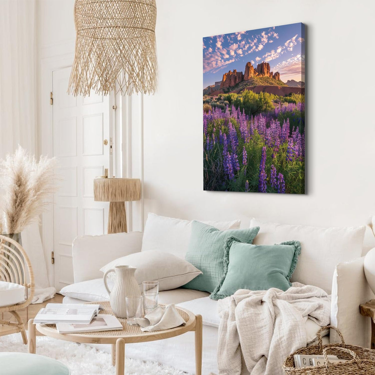 Large Lavender Scenery Wall Art Floral Field Scenic Wall Decor Mountain Landscape Canvas Pictures for Living Room Office Purple Flowers Poster Aesthetic Artwork for Bedroom Home Decoration 24x36" (36"L x 24"W / Lavender)