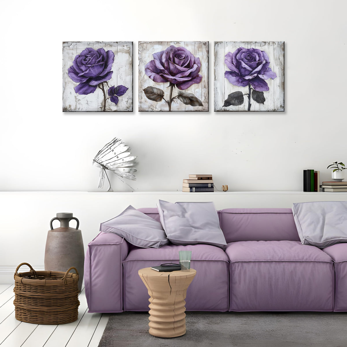 3Pcs Purple Rose Canvas Prints Wall Art Botanical Floral Art Modern Flower Artwork Ready to Hang Textured Wall Art Print Decorative Wall Hanging for Living Room Bedroom Kitchen (14 x 14 inches (3-Piece Set) / Purple Rose)