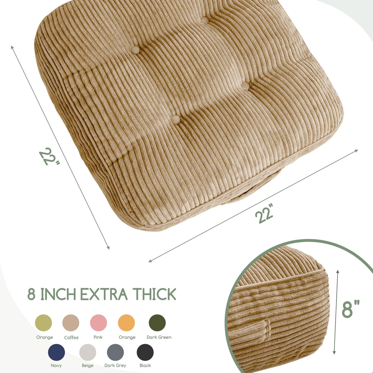 8" Extra Thick Floor Pillow Cushion for Adults (Square Coffee / 8" Thick(Pack of 1))
