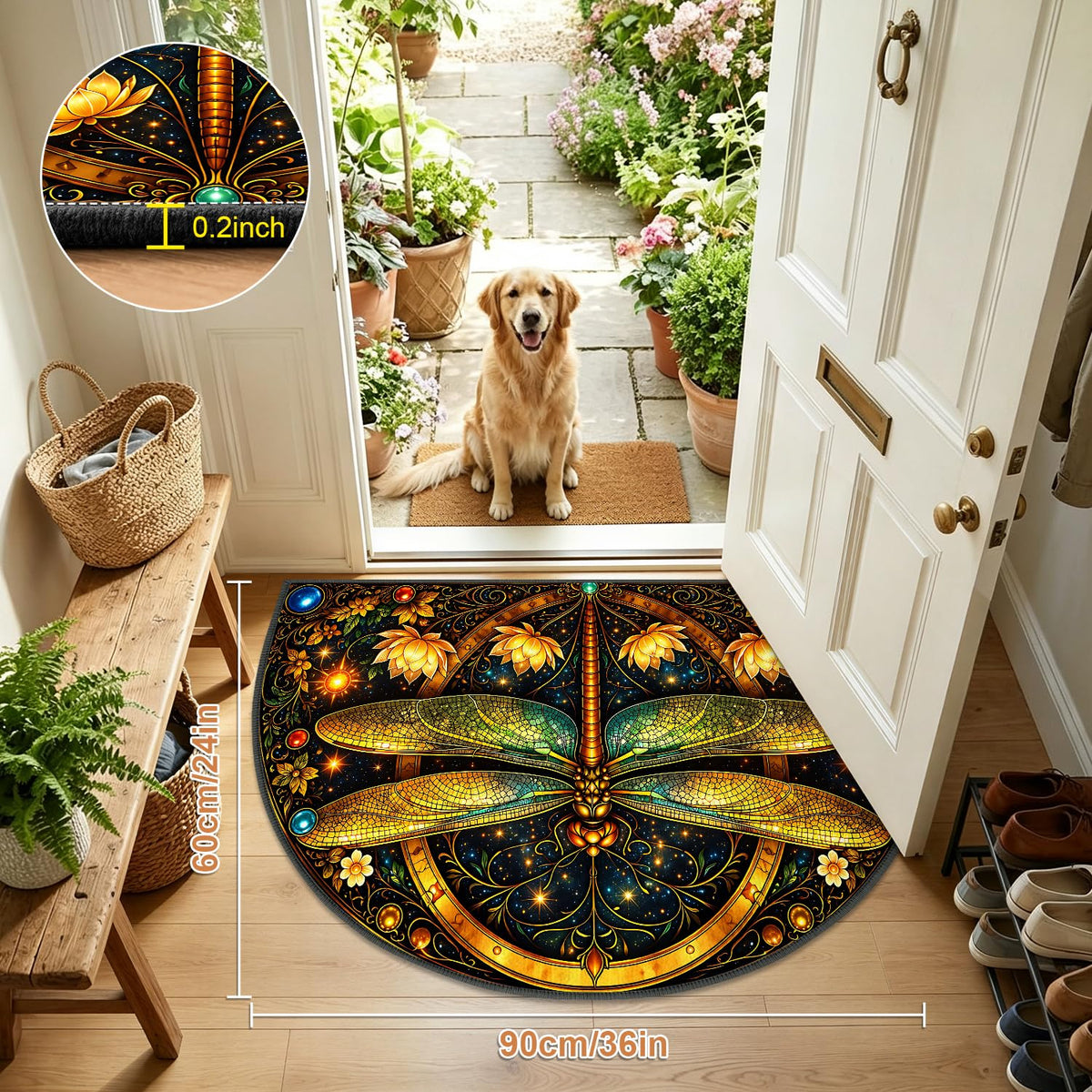 Art Nouveau Dragonfly Semicircle Rug 24"x36" (68 / 2' x 3' (Semicircular))
