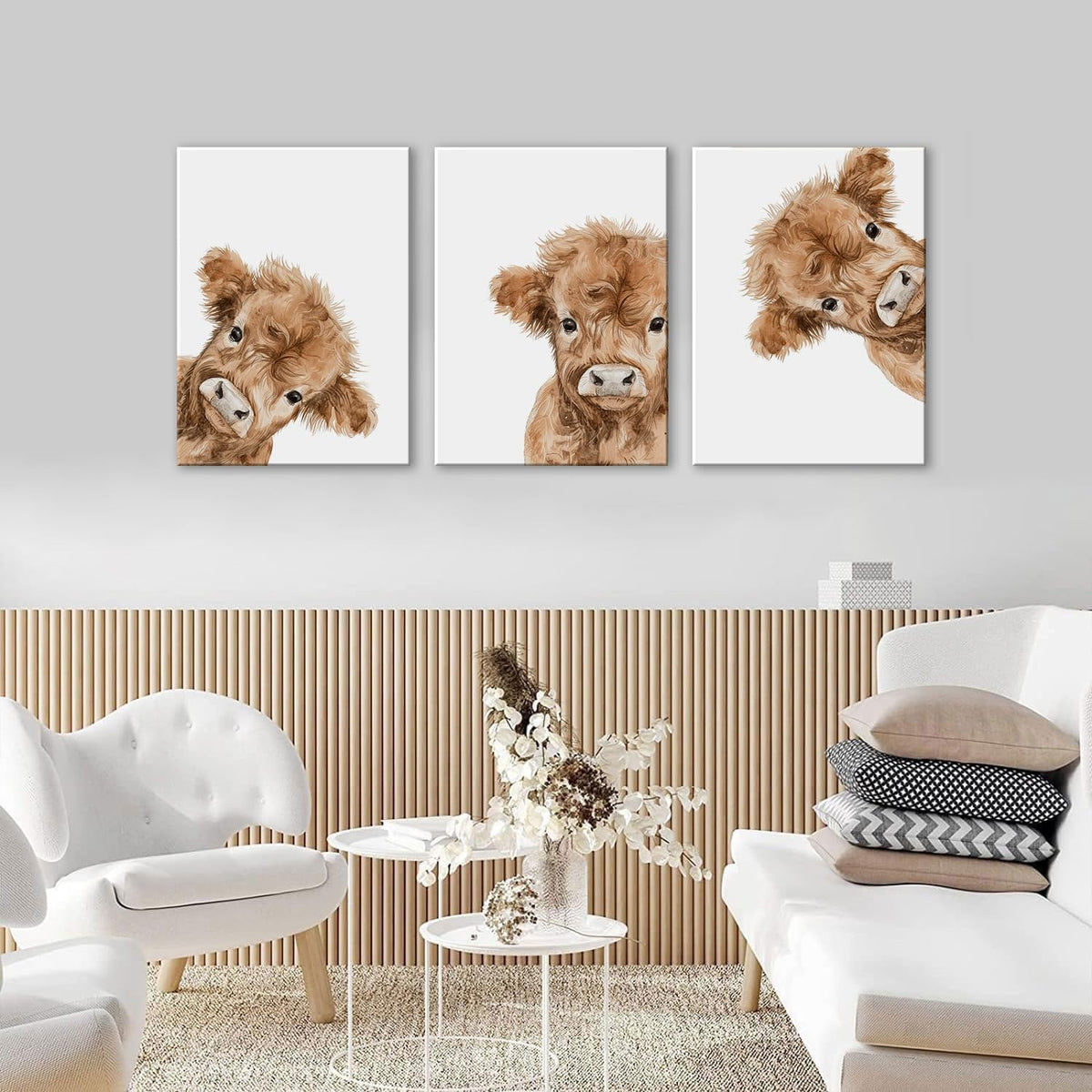 3 Piece Cute Highland Cow Canvas Wall Art Nursery Funny Animal Framed Wall Art Baby Cow Pictures Wall Decor Kids Animals Art Prints for Children's Room Bedroom 16"x24" (Highland bull / 16x24in)