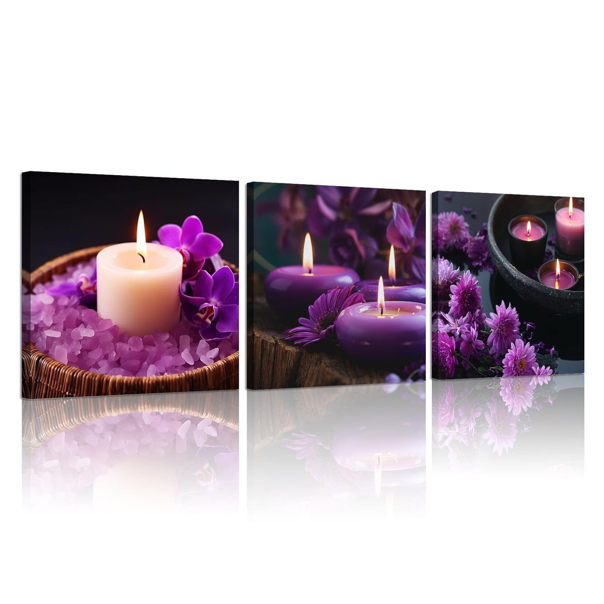 Spa Wall Art Set of 3 Zen Decor Purple Wall Art Purple Flowers Aromatherapy Candles Spa Pictures Prints on Canvas for Bathroom Home Office Decor Ready to Hang (Zen 03 / 24"L x 24"W)