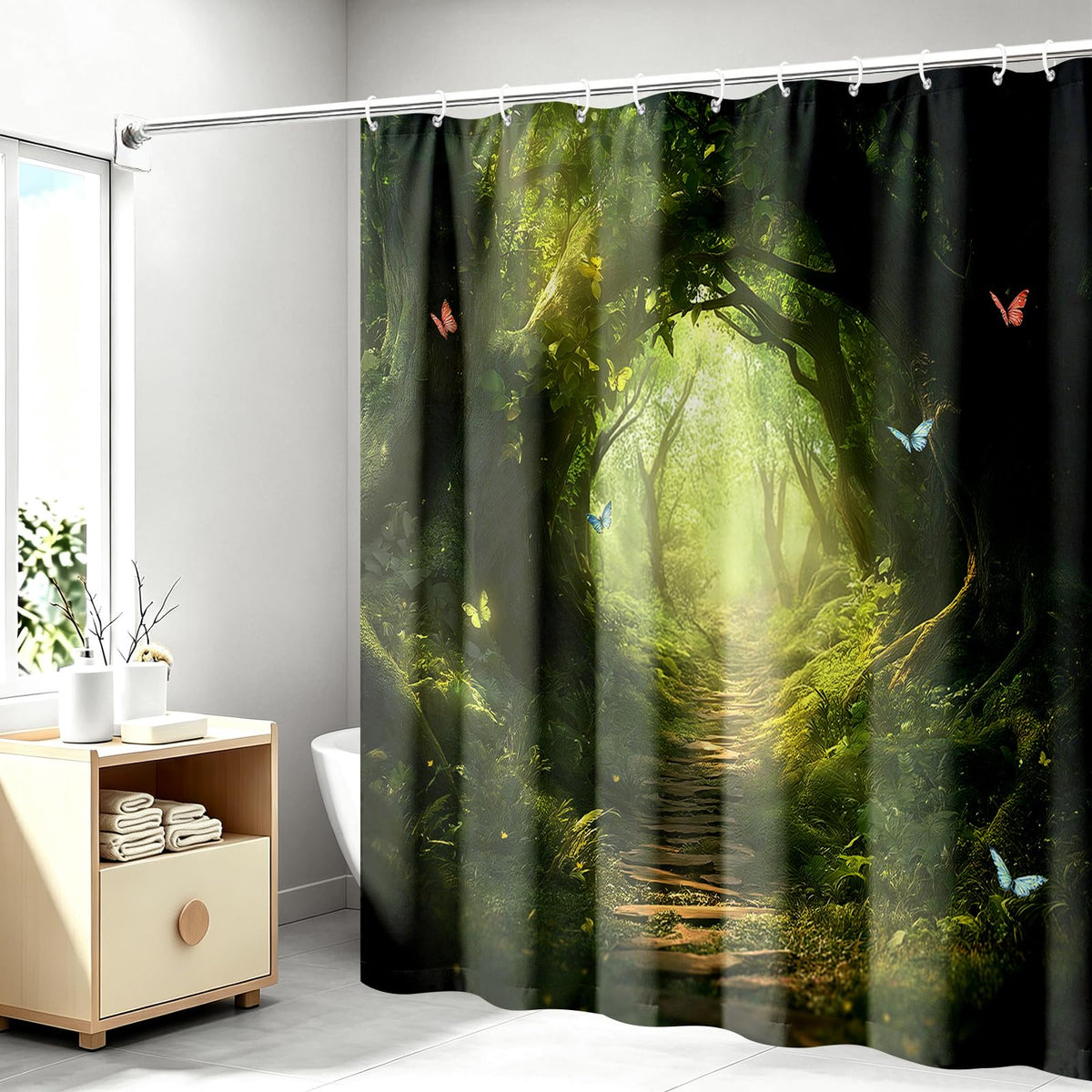 Enchanted Forest Shower Curtain Magical Woodland Path Sun Rays Butterfly Wildflower Garden Aesthetic Fantasy Bathroom Decor Bathtub Curtain Fabric Shower Curtain Set with 12 Hooks (Enchanted Forest Path / 72"W x 72"L (Pack of 1))