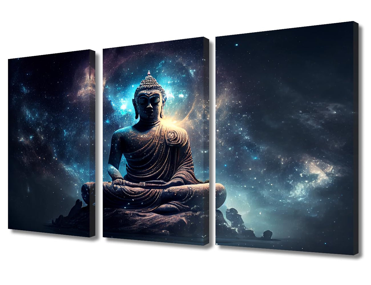 Canvas Wall Art 3 Panel Office Decor Buddha Mysterious Universe Poster Prints on Canvas Modern Buddha Painting Artwork Buddhist Believers Bedroom Home Wall Decor Stretched Ready to Hang 36x24 in (36x24 in / 3PANEL-14)