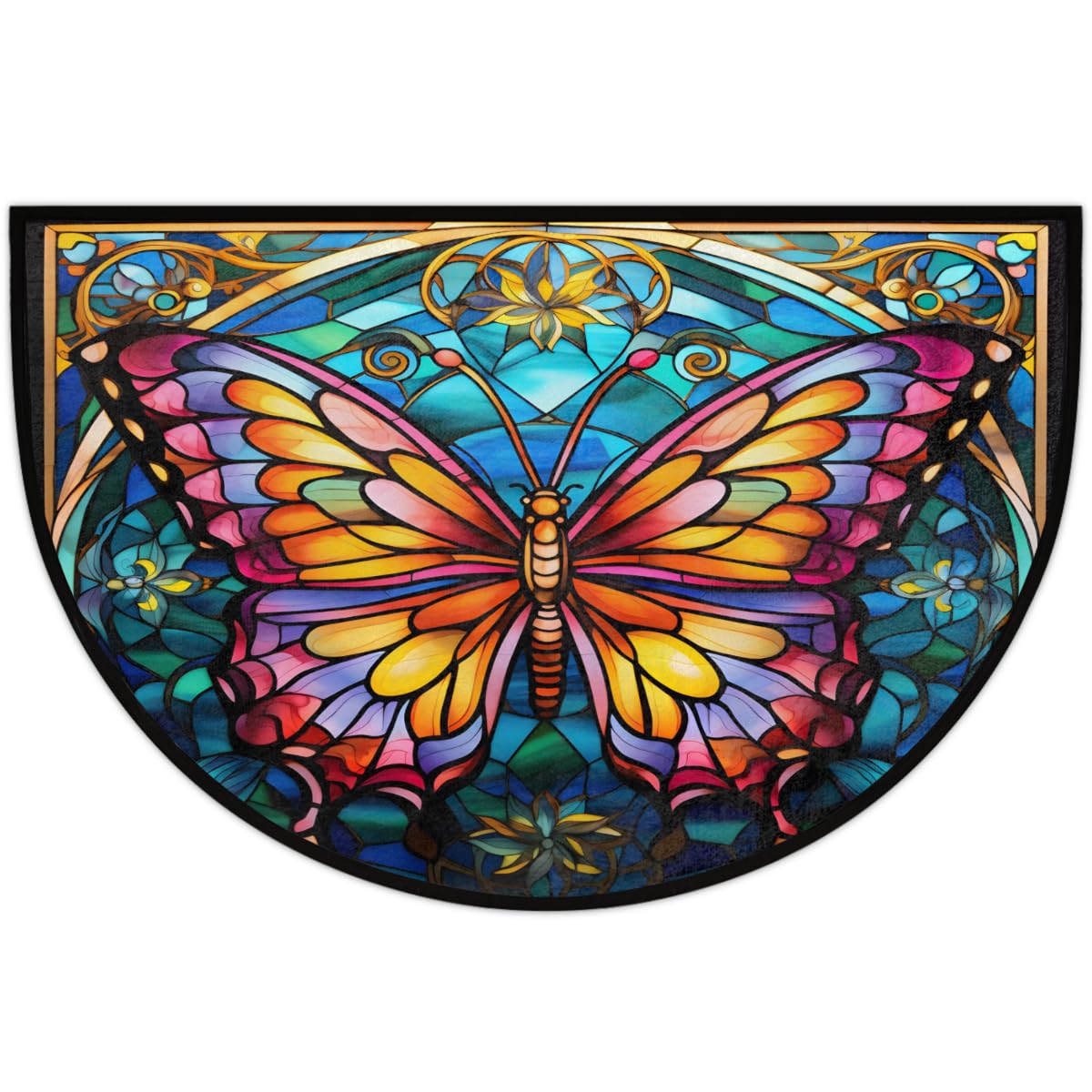 Half Round Doormat Butterfly Glass Semi Circle Rug Non Slip Indoor Outdoor Entrance Half Moon Rug Washable Front Floor Mat for Kitchen Bathroom Patio Fireplace Holiday Decor (A05:glass Butterfly)