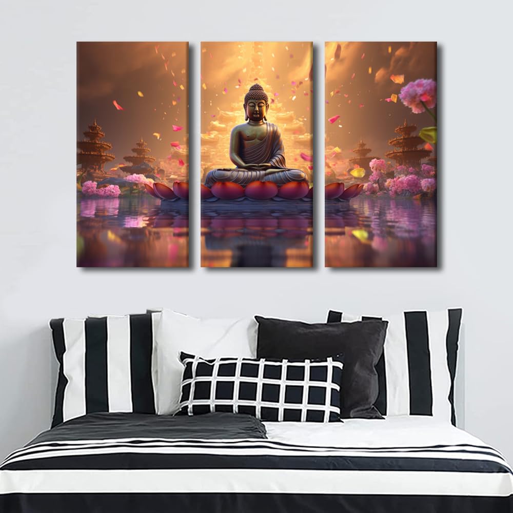 Living Room Canvas Wall Art Modern 3 Panel Canvas Decor Buddha Statue Lotuses in the Water Picture Printing Buddhist Believers Bedroom Wall Decor Stretched and Framed Ready to Hang 42x28 in (42x28 in / 3PANEL-08)