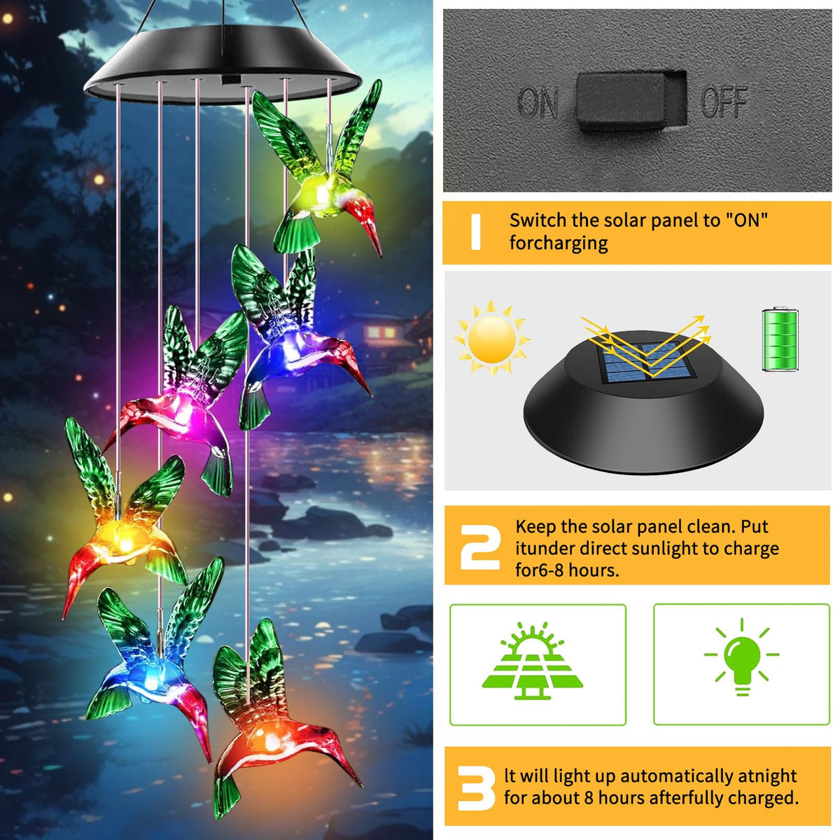 Hummingbird Solar Wind Chimes for Outside Color Changing