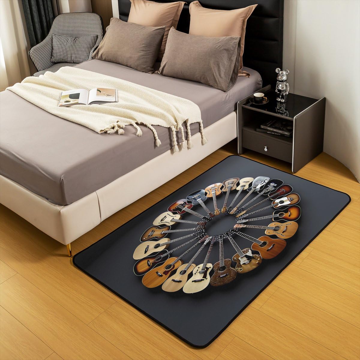 Round Guitar Area Rug 3x5 Musical Instruments (Black Brown Grey / 3'3" x 4'11" (Rectangular))