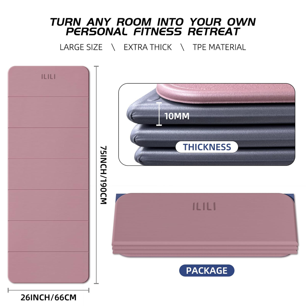 Foldable Yoga Mat 10mm (Dark Pink+Dark Grey)