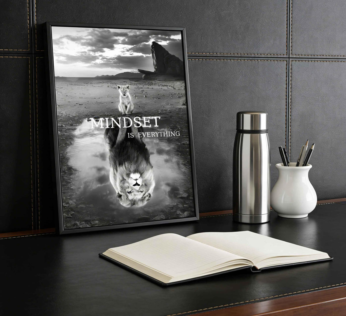 Framed Inspirational Lion Canvas Wall Art Mindset is Everything Black and White Picture Motivational Poster Print for Office Bedroom Classroom Man Cave Home Decoration (Framed Lion / 10"L x 8"W)