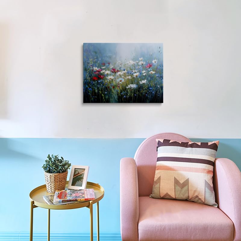 Wildflower Field Canvas Wall Art Framed Print Painting Red and White Blooms Impressionist Serene Wall Decor Artwork Poster Soft Blue Green Background for Living Room Bedroom Nursery Decor 12x16 Inches (wildflowers / 16"L x 12"W)