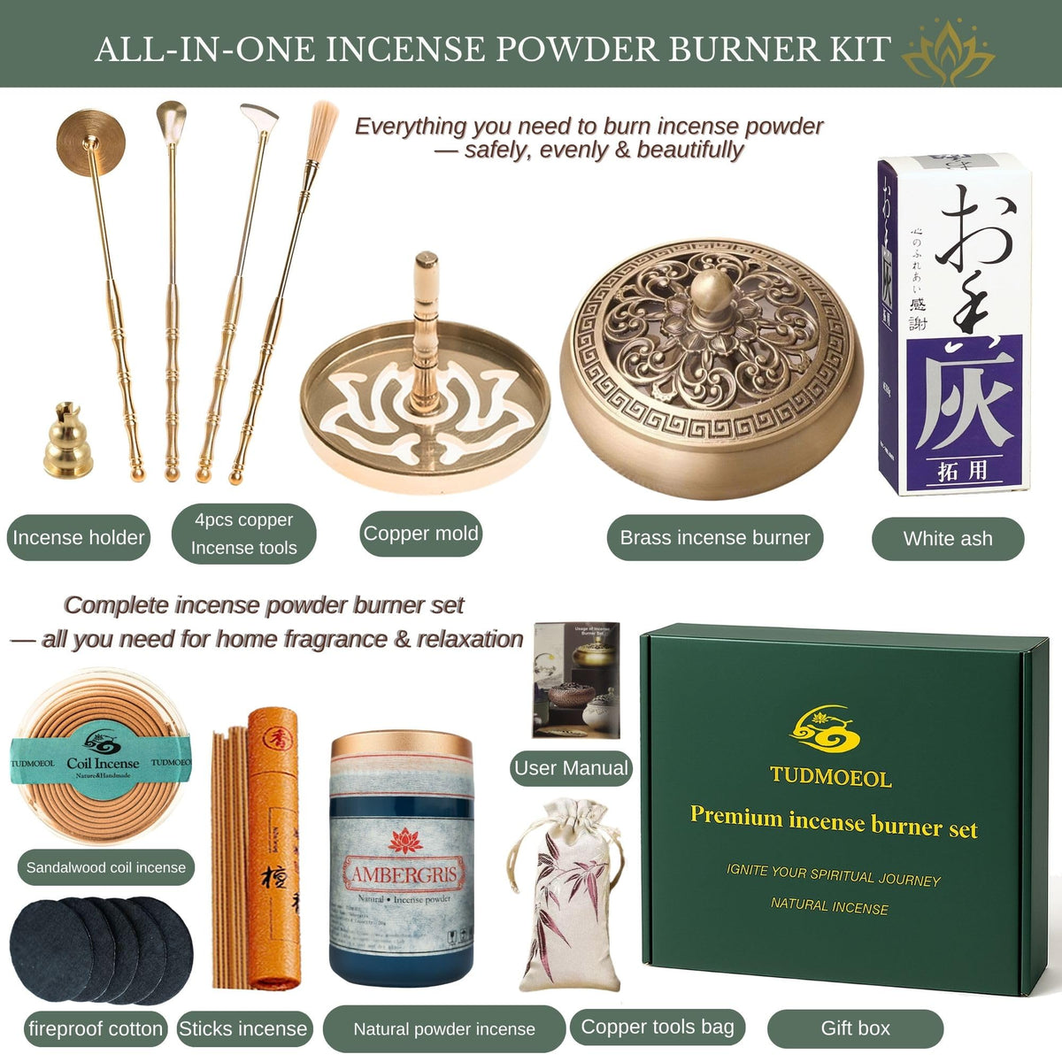 Powder Incense Burner Kit with Brass Censer (Copper)