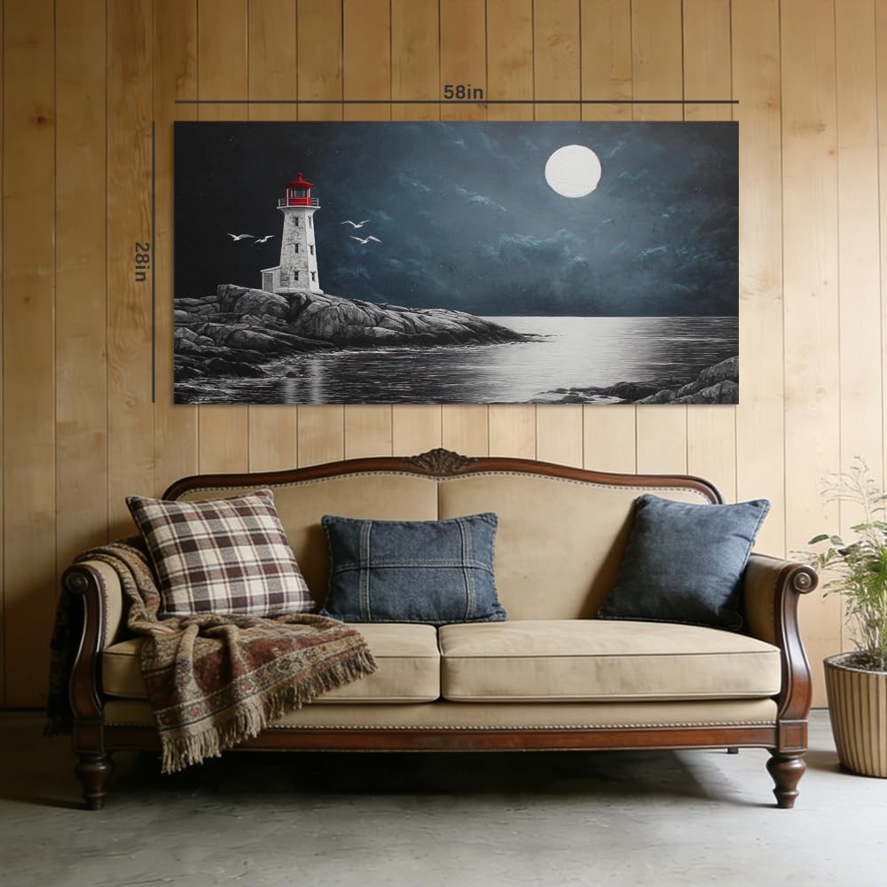 Moonlit Lighthouse Canvas Wall Art Red Roof Coastal Ocean Night Landscape Painting Flat Print Gallery Wrapped Nautical Artwork for Living Room Bedroom Bathroom Decor (Coastal / Lighthouse Moon 37 / 58"L x 28"W)