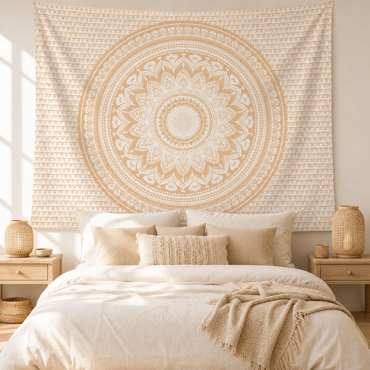 Boho Mandala Wall Tapestry for Bedroom (A-Beige Mandala Tapestry / 79"L x 60"W)