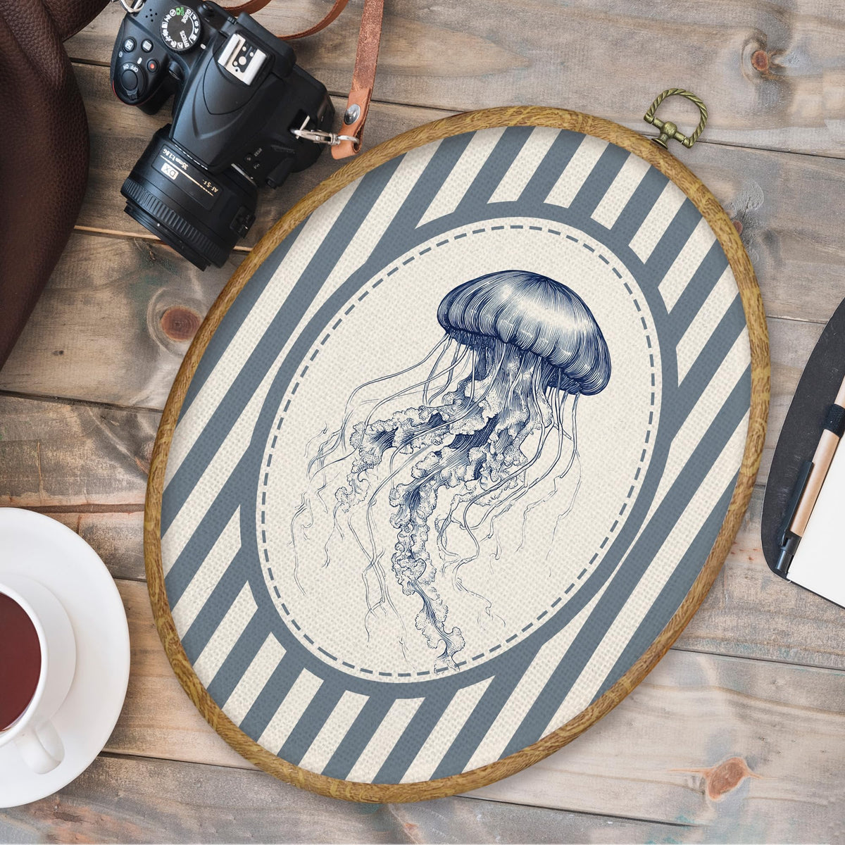 Blue Coastal Beach Jellyfish Oval Wall Art Decor (Color049)