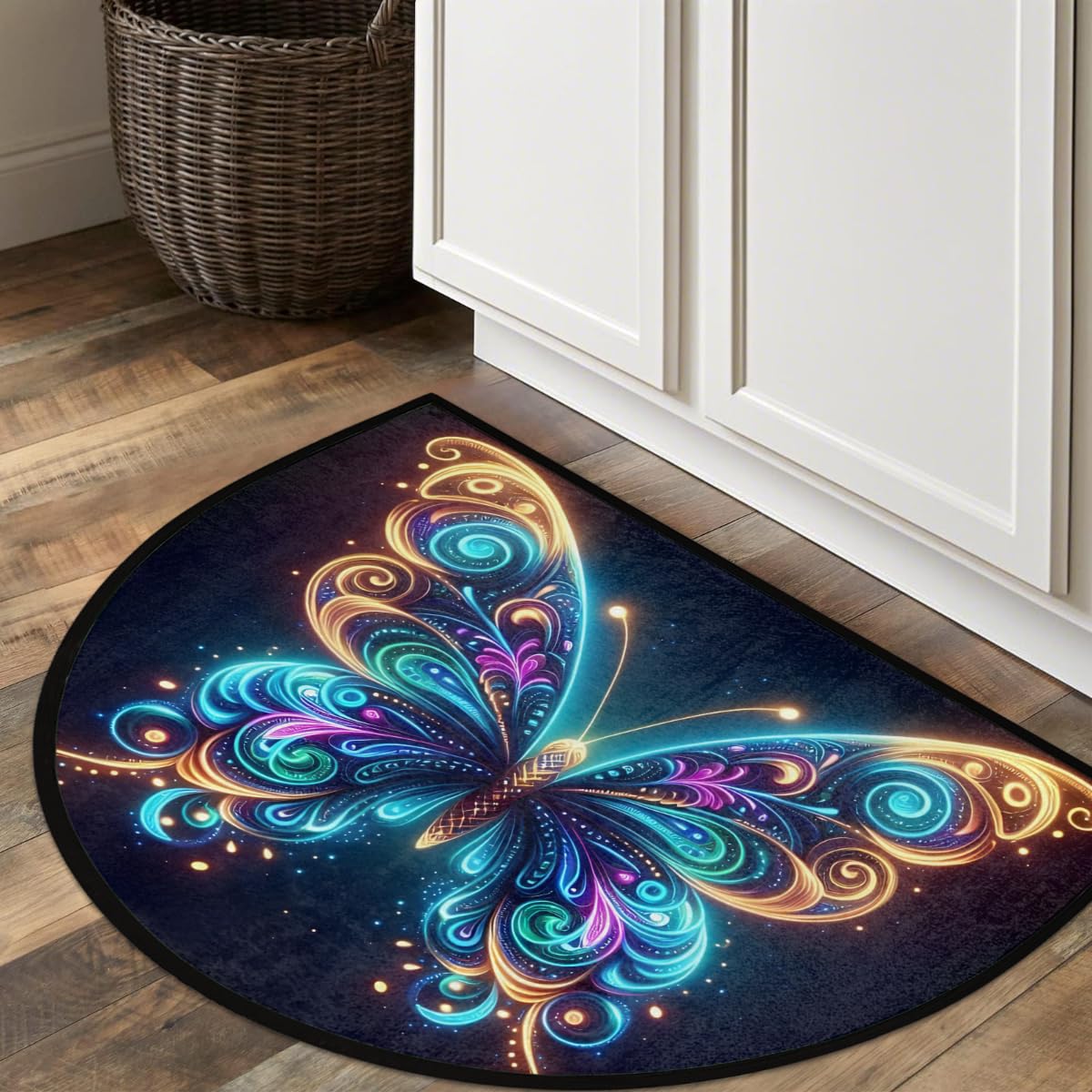 Half Round Doormat Glowing Animals Butterfly Semi Circle Rug Non Slip Indoor Outdoor Entrance Half Moon Rug Washable Front Floor Mat for Kitchen Bathroom Patio Fireplace Holiday Decor (B06:blue Butterfly)