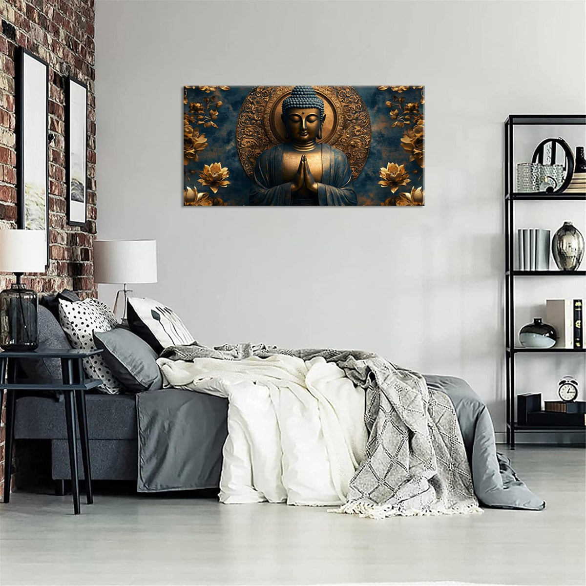 Zen Brown and Gold Buddha Wall Art for Living Room Office Religion Art Deco Blue Background Painting Prints Fantasy Canvas Artwork Over the Couch Bedroom Decor Large (46"L x 23"W / Brown and Gold Wall Art (K871))