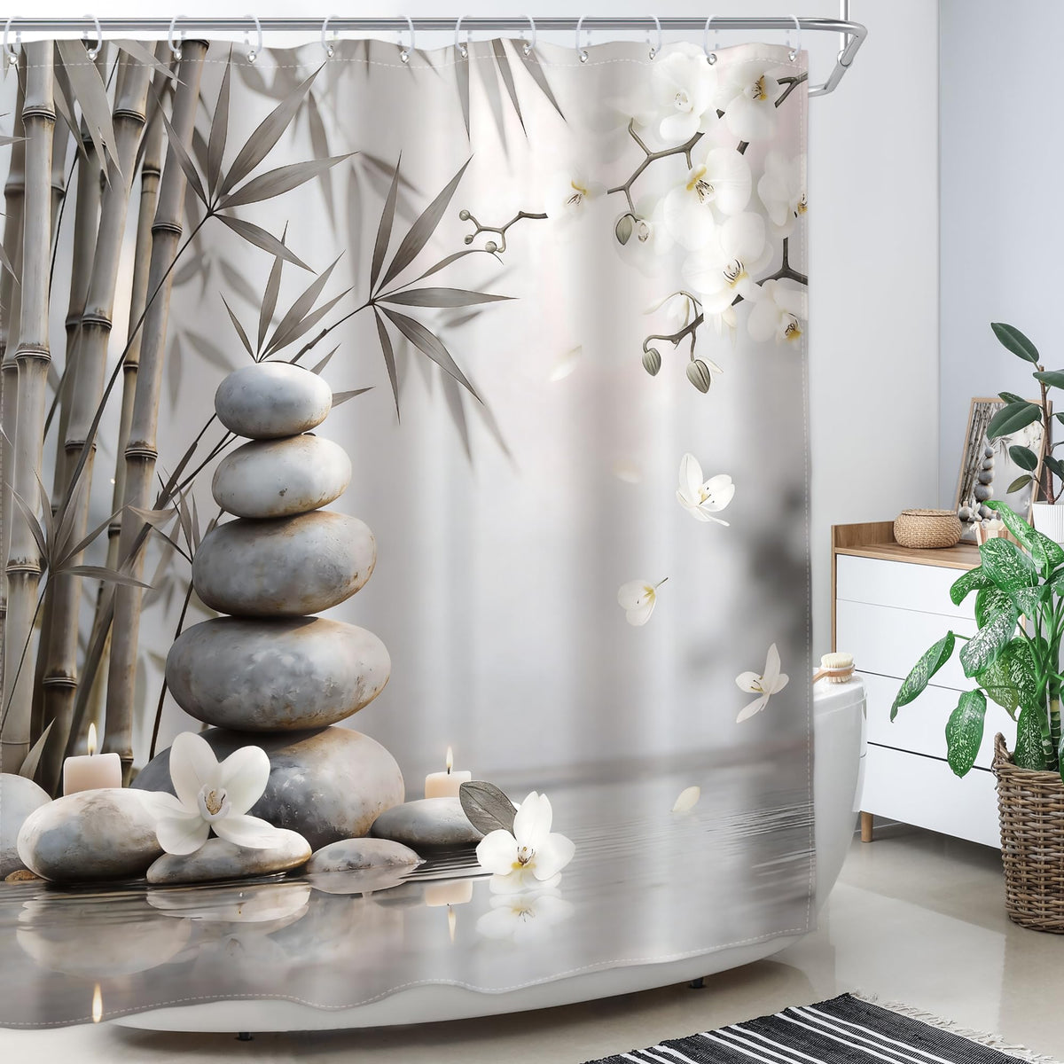 Zen Stone Shower Curtain Beige Bamboo Flower 60Wx72H Inch Decor (Zen01(beige) / 60"W x 72"L (Pack of 1))